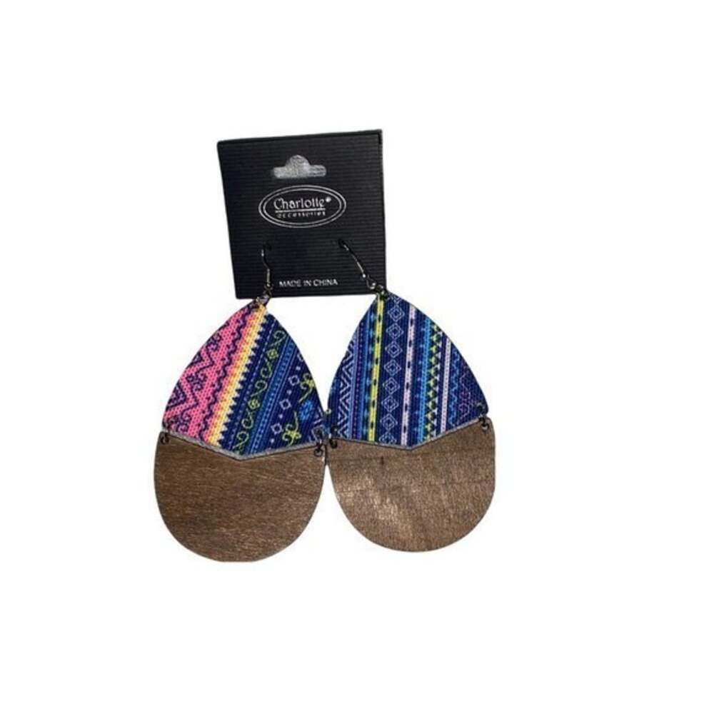 NWT Wooden Fabric Covered Boho Aztec Dangle Earrings Blue Pink Yellow
